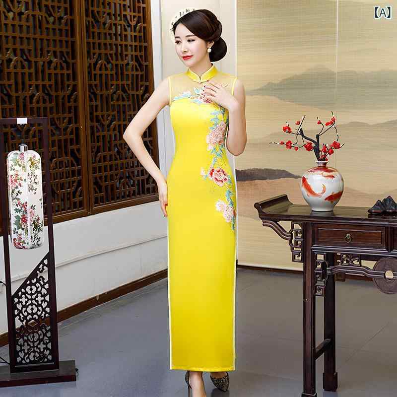チャイナドレス レディース ロング丈 黄色 イエロー 中国式 改良デザイン レトロ ヴィンテージ スタンドカラー スリムフィット 発表会 ステージ衣装 舞台衣装 演奏会 おもてなし 接客 ポリエステル サテン 刺繍