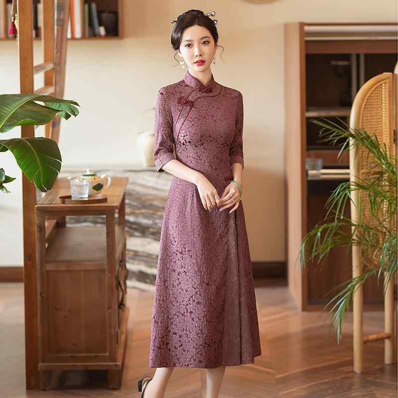 ワンピース レディース 女性用 改良チャイナドレス 中華風 レトロ ヴィンテージ ママ向け ミセス 細見..