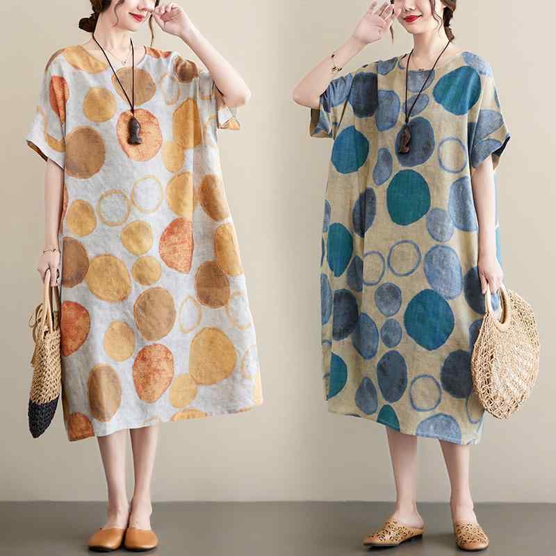 ワンピース レディース 春夏 綿麻 薄手 涼しい ゆったり 大きいサイズ 体型カバー レトロ 文芸風 花柄 エスニック ブルー オレンジ 半袖 ミモレ丈 ロング丈 Aライン フレア ラウンドネック