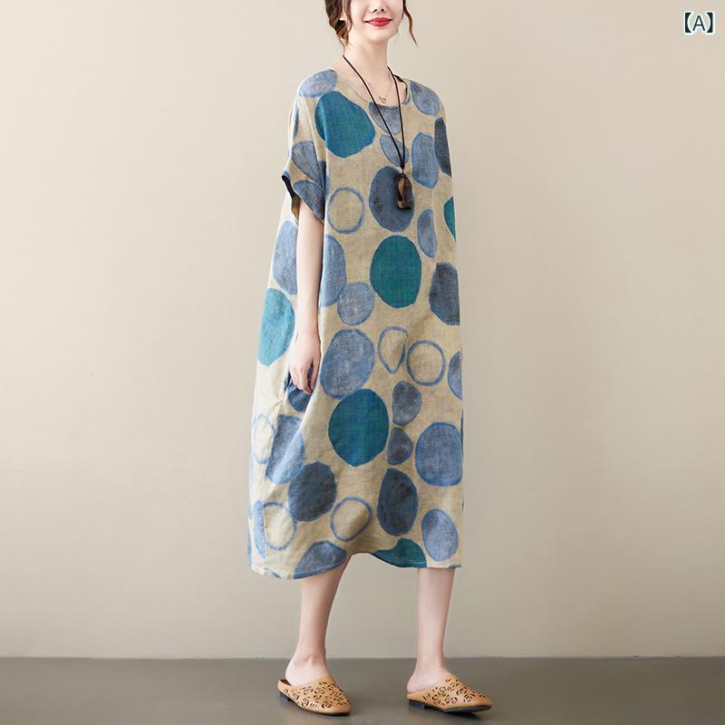 ワンピース レディース 春夏 綿麻 薄手 涼しい ゆったり 大きいサイズ 体型カバー レトロ 文芸風 花柄 エスニック ブルー オレンジ 半袖 ミモレ丈 ロング丈 Aライン フレア ラウンドネック