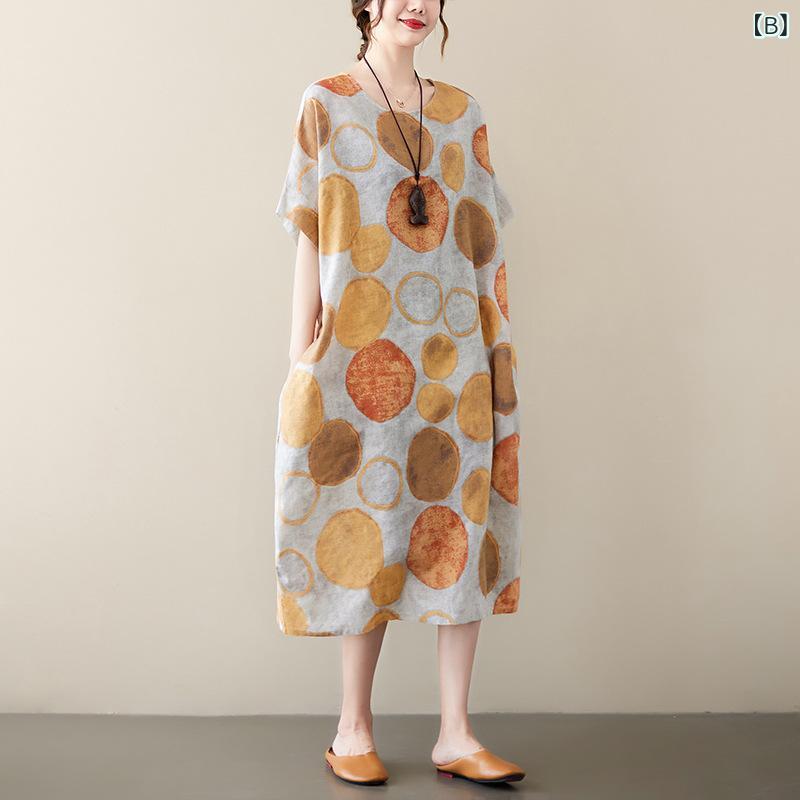 ワンピース レディース 春夏 綿麻 薄手 涼しい ゆったり 大きいサイズ 体型カバー レトロ 文芸風 花柄 エスニック ブルー オレンジ 半袖 ミモレ丈 ロング丈 Aライン フレア ラウンドネック