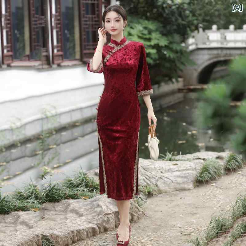 チャイナドレス レディース ワインレッド ベルベット ポリエステル レトロ モダン 改良型 スタンドカラー 斜め襟 細身 ロング丈 七分袖 普段使い デイリーユース 春秋