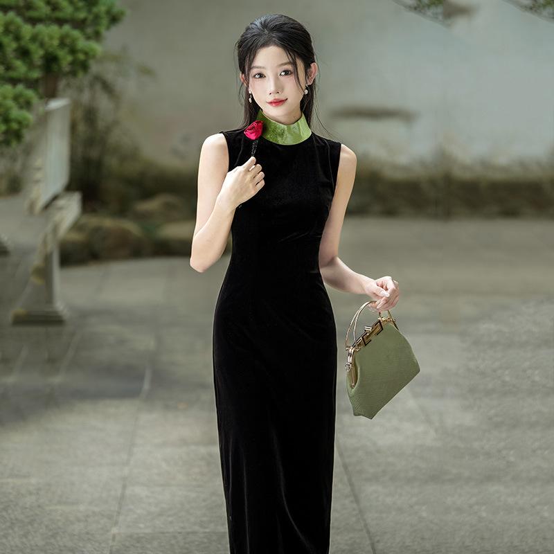 チャイナドレス レディース ノースリーブ ベロア ポリエステル スタンドカラー 新チャイナスタイル ロ..