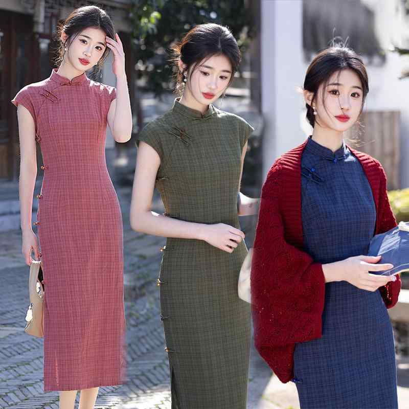 チャイナドレス レディース 女性用 レトロ中華風 改良版 ブルー チェック柄 ロング丈 立襟 斜め襟 三分..