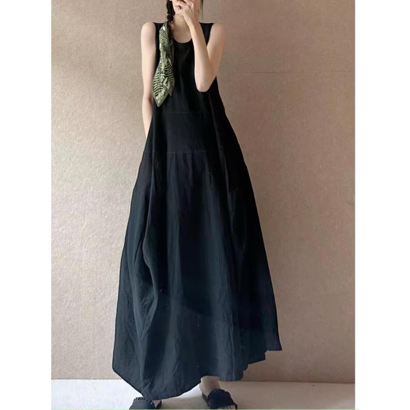 ワンピース レディース 綿麻 コットンリネン 超ロング丈 マキシ丈 丸首 クルーネック ノースリーブ プルオーバー 切り替え ゆったり オーバーサイズ コクーンシルエット 体型カバー 春夏 黒 ブラック カジュアル ナチュラル