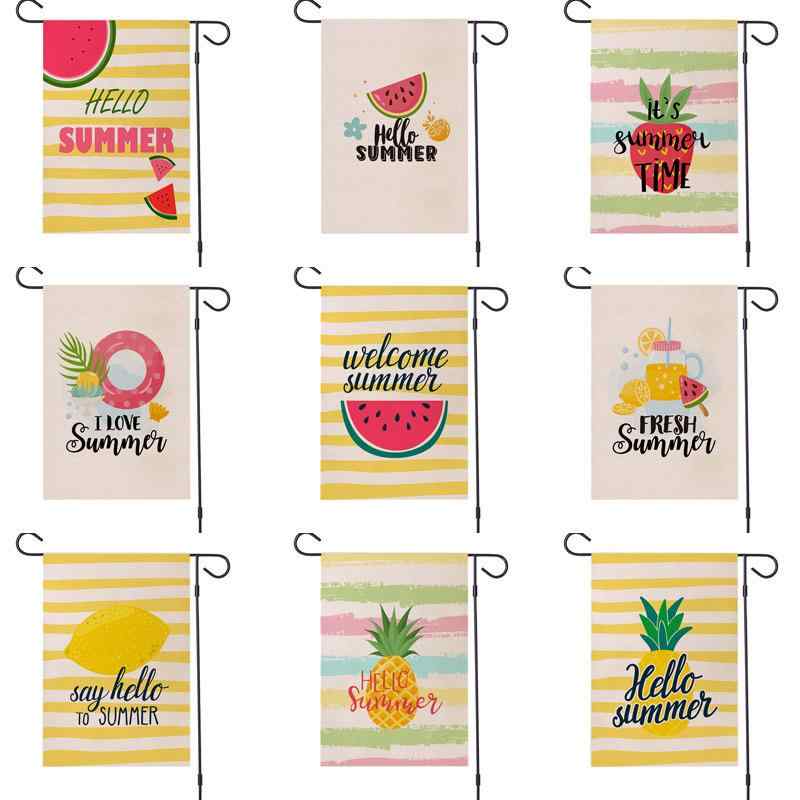 ガーデンフラッグ 庭旗 夏 サマー スイカ柄 フルーツ柄 かわいい 片面印刷 麻 リネン 玄関 庭飾り ウェ..