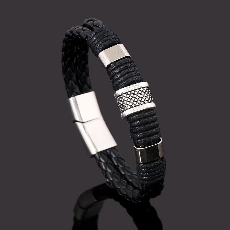 ブレスレット メンズ 男女兼用 欧米風 レトロ 個性的 パンクファッション 編み込み レザー 革製 ハンドメイド 高級感 ジオメトリック 幾何学模様 ブラック ブラウン(4)