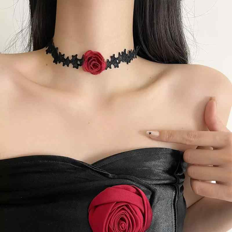 チョーカー レディース 黒 レース リボン ロング 鎖骨ネックレス ワインレッド 編み込み バラ フラワー..