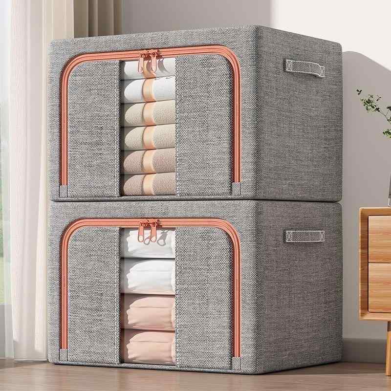 収納ケース 折りたたみ式 綿麻 大容量 衣類 布団 ストッカー 家庭用 シンプル 窓付き スチールフレーム 整理整頓 押入れ クローゼット 車載 グレー ネイビー ベージュ