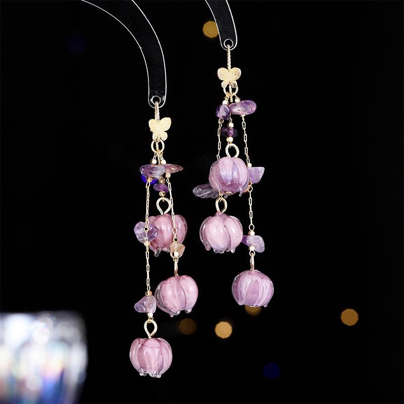 ピアス レディース フレンチ レトロ ヴィンテージ スズラン 花 瑠璃ガラス タッセル ロングピアス イヤ..