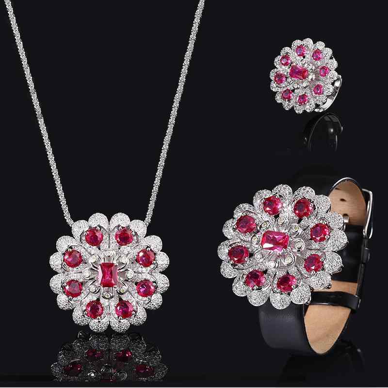 ジュエリーセット レディース 秋冬 合成ルビー 花 フラワーモチーフ ローズ 薔薇 高級感 軽やかラグジュアリー エレガント 上品 真鍮 ネックレス 指輪 ブレスレット ストーン埋め込み アクセサリー