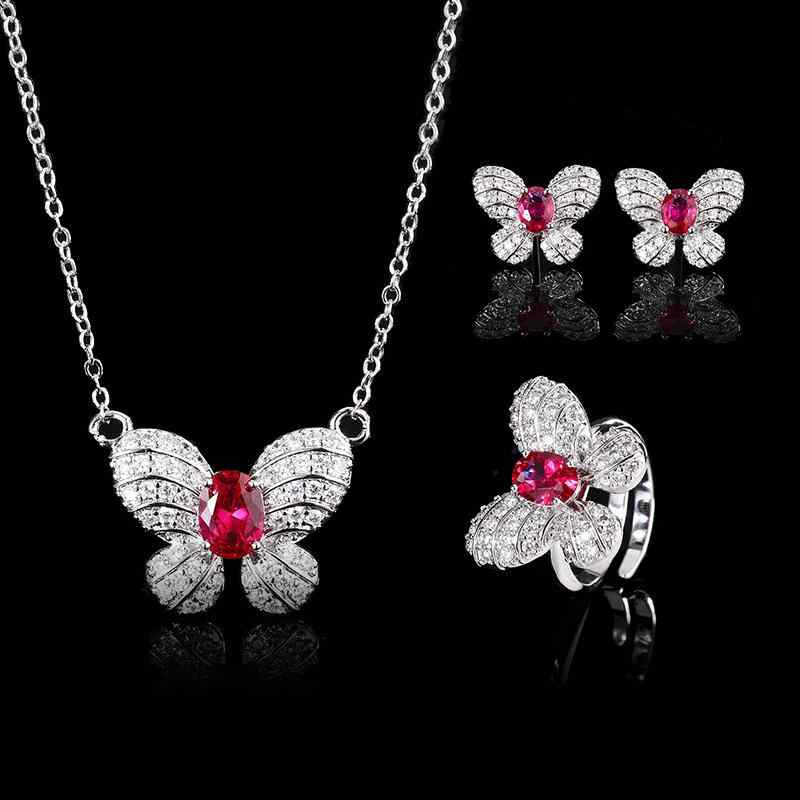 アクセサリーセット レディース 秋冬 蝶モチーフ 銅製 ルビー ジルコニア ピアス ネックレス 指輪 リン..