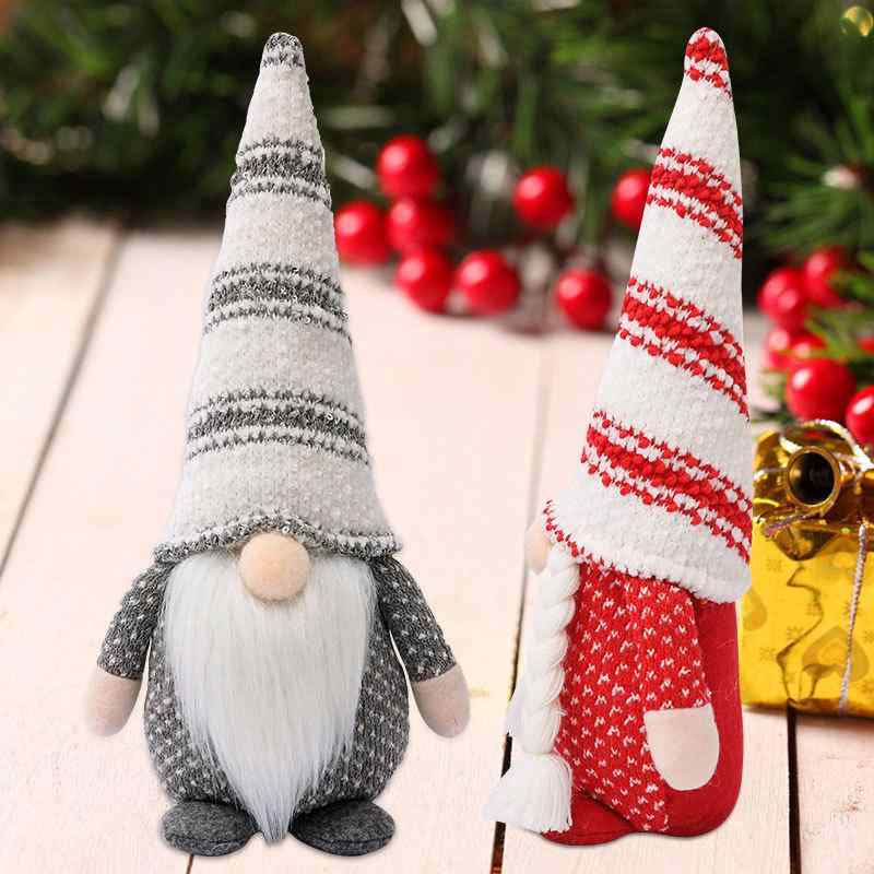 クリスマス飾り ペア カップル ノーム人形 ストライプハット ヒゲ付き 顔無し かわいい 布製 北欧風 アメリカン モダン レッド グレー 卓上 置き物 インテリア オブジェ 装飾品
