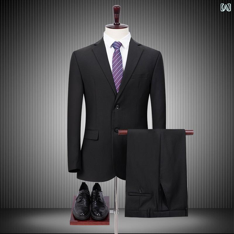 スーツ メンズ ビジネスカジュアル 2点セット スリムフィット テーラードジャケット 綿混 ポリエステル 無地 長袖 上下セット オールシーズン 通勤 オフィス ブラック ネイビー