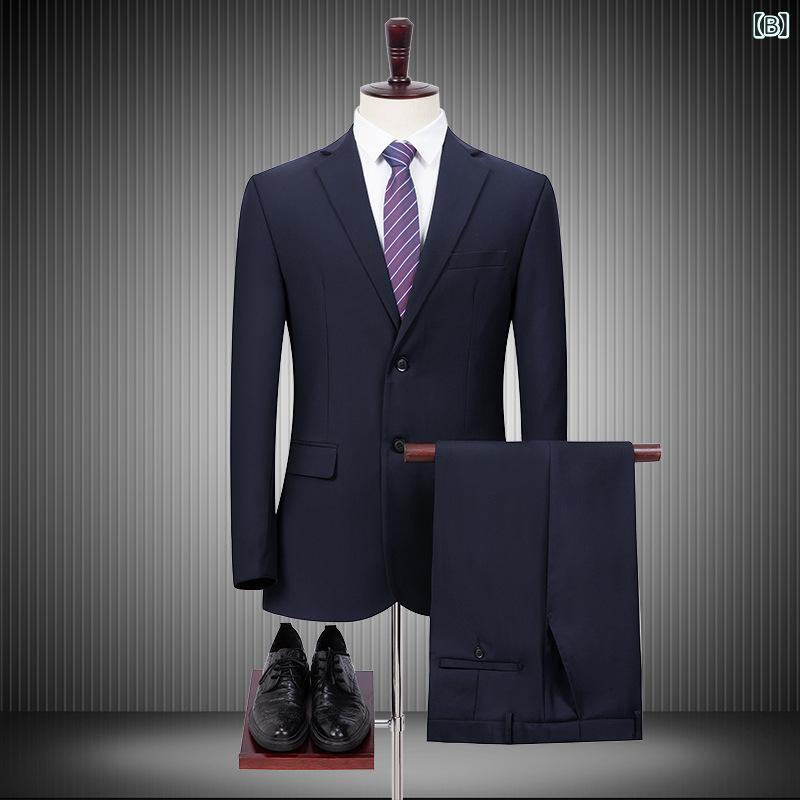 スーツ メンズ ビジネスカジュアル 2点セット スリムフィット テーラードジャケット 綿混 ポリエステル 無地 長袖 上下セット オールシーズン 通勤 オフィス ブラック ネイビー