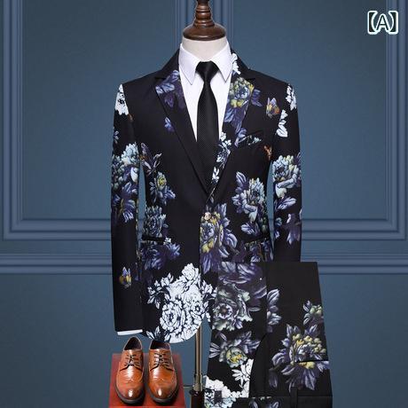 スーツ セットアップ メンズ 男性用 春秋 大きいサイズ ビッグサイズ プリント 韓国風 紳士 スリムフィット スタイリッシュ テーラード シングルブレスト 二つボタン ビジネス 通勤 フォーマル 綿混紡