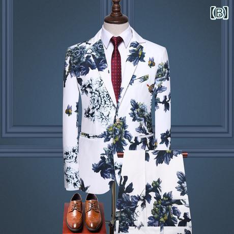 スーツ セットアップ メンズ 男性用 春秋 大きいサイズ ビッグサイズ プリント 韓国風 紳士 スリムフィット スタイリッシュ テーラード シングルブレスト 二つボタン ビジネス 通勤 フォーマル 綿混紡