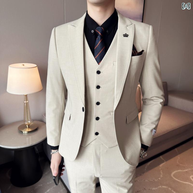 スーツ 男性用 メンズ ブリティッシュ スリムフィット シングルボタン 無地 ストレッチ 大きいサイズ ビジネス セットアップ スリーピース アセテート混 化学繊維混紡 オフィス 通勤 フォーマル セレモニー デイリーユース 快適な着心地 ベージュ グレ