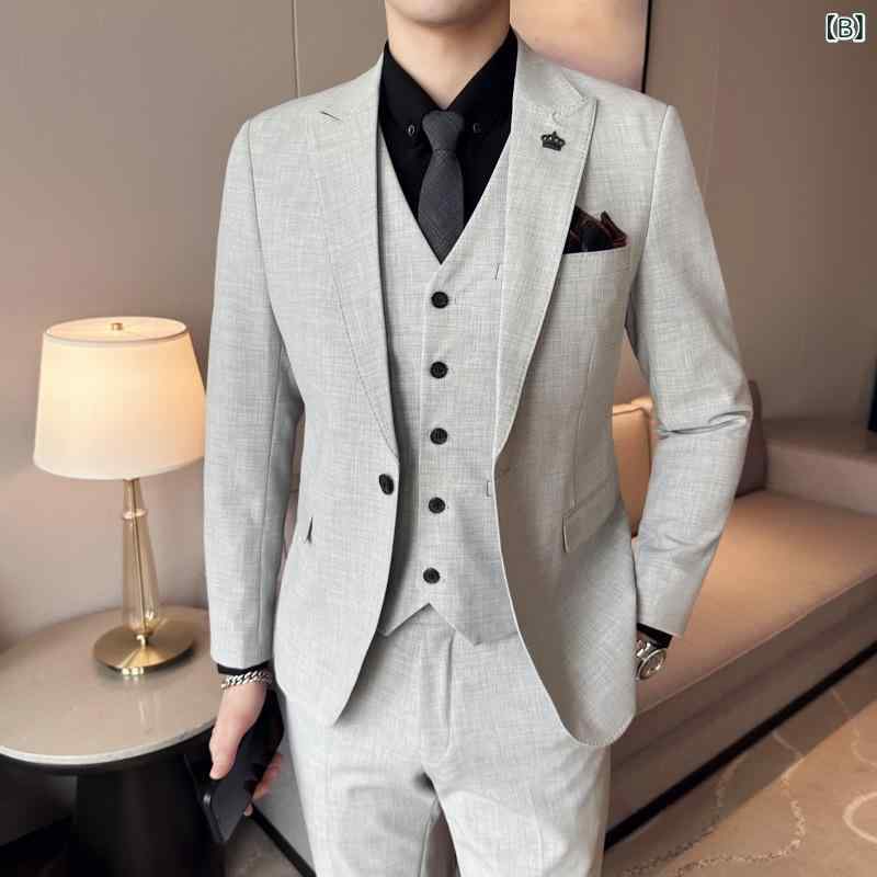 スーツ 男性用 メンズ ブリティッシュ スリムフィット シングルボタン 無地 ストレッチ 大きいサイズ ビジネス セットアップ スリーピース アセテート混 化学繊維混紡 オフィス 通勤 フォーマル セレモニー デイリーユース 快適な着心地 ベージュ グレ