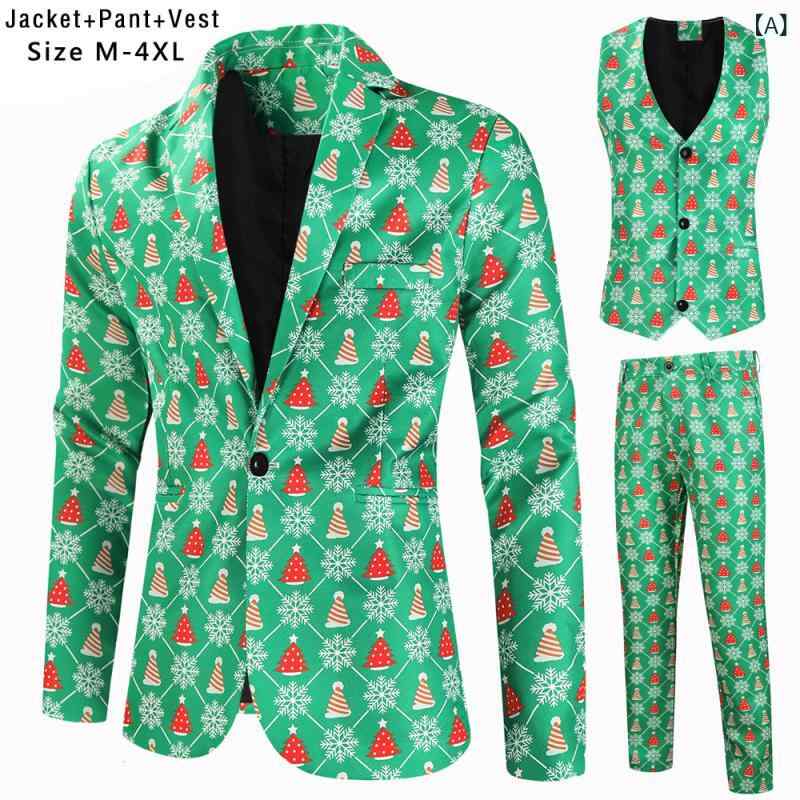 スーツ メンズ 男性用 一つボタン プリント柄 スリーピース 3点セット ジャケット ベスト パンツ セットアップ 欧米風 ビジネス パーティー クリスマス 新年 アセテート繊維 化学繊維混紡
