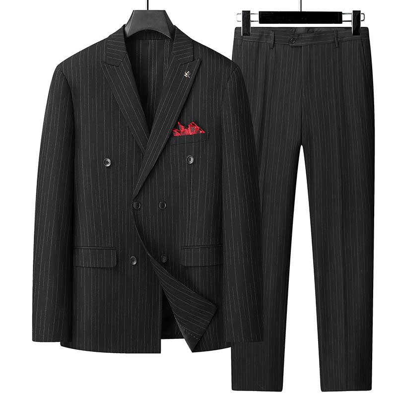 スーツ メンズ ビジネス セットアップ 大きいサイズ ダブルブレスト 新郎 結婚式 披露宴 介添人 パーティー フォーマル 通勤 オフィス カジュアル ゆったり 耐摩耗 形状安定 無地 ポリエステル混紡 センターベント ブラック