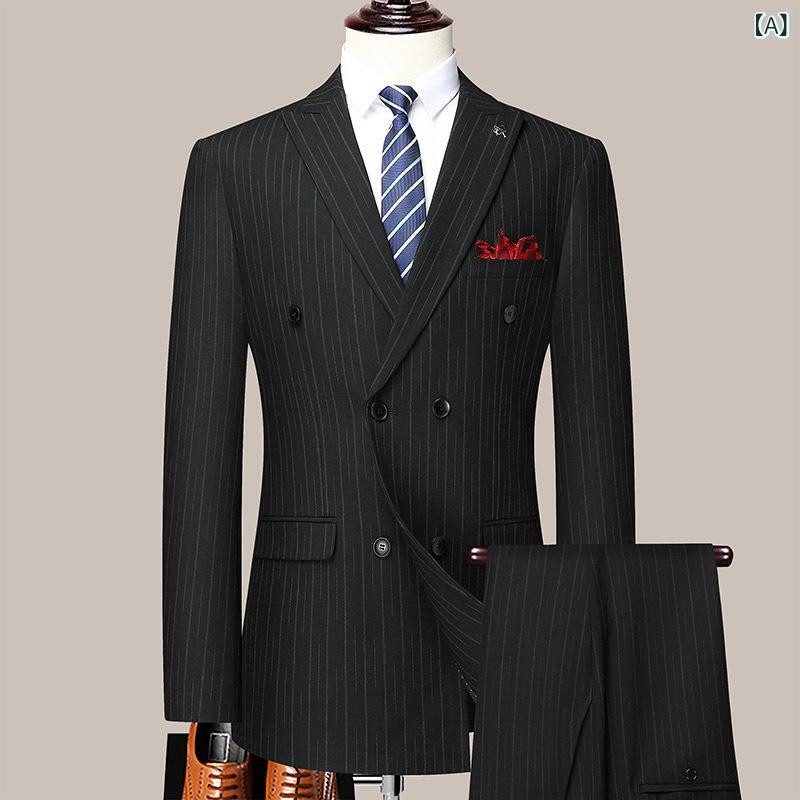 スーツ メンズ ビジネス セットアップ 大きいサイズ ダブルブレスト 新郎 結婚式 披露宴 介添人 パーティー フォーマル 通勤 オフィス カジュアル ゆったり 耐摩耗 形状安定 無地 ポリエステル混紡 センターベント ブラック