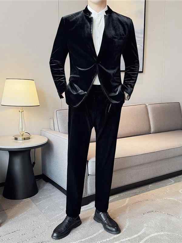 スーツ メンズ 男性用 秋冬 新中式 チャイニーズモダン 高級感 スタンドカラー 立ち襟 厚手 ベロア ベルベット ポリエステル混紡 セットアップ ツーピース カジュアル ビジネス ブラック