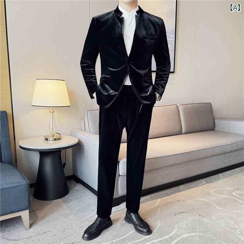 スーツ メンズ 男性用 秋冬 新中式 チャイニーズモダン 高級感 スタンドカラー 立ち襟 厚手 ベロア ベルベット ポリエステル混紡 セットアップ ツーピース カジュアル ビジネス ブラック