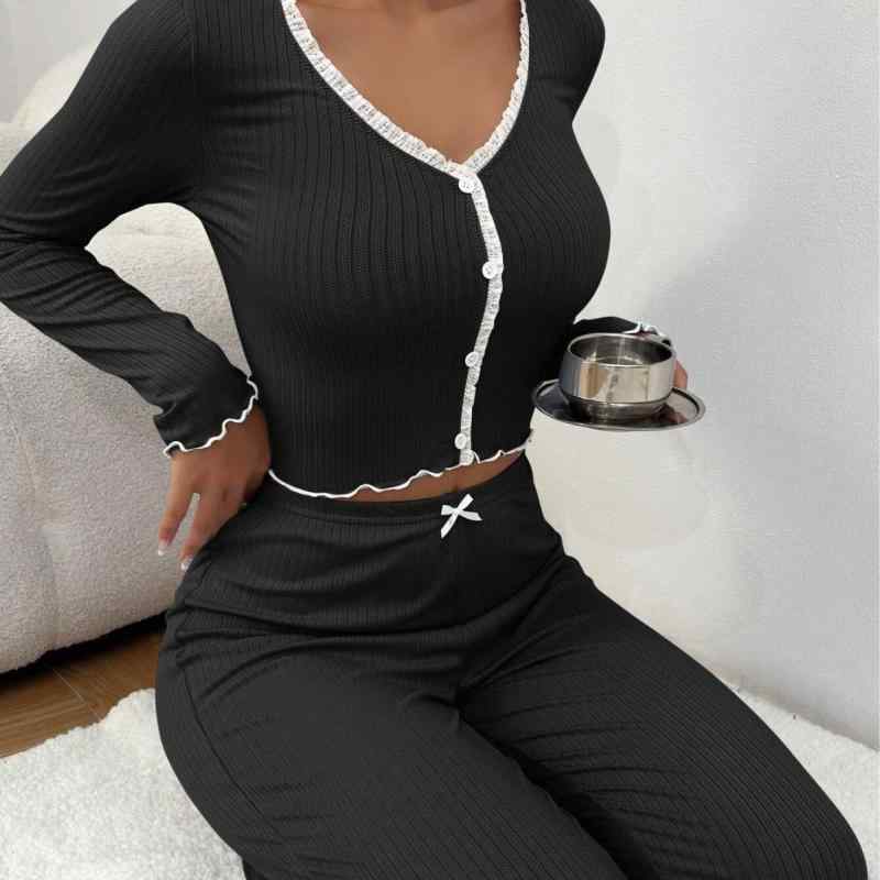 ルームウェア レディース 欧米風 長袖 ロングパンツ 薄手 上下セット Vネック スリムフィット カジュアル 快適 ポリエステル素材 通気性抜群 ワンマイルウェア ナイトウェア