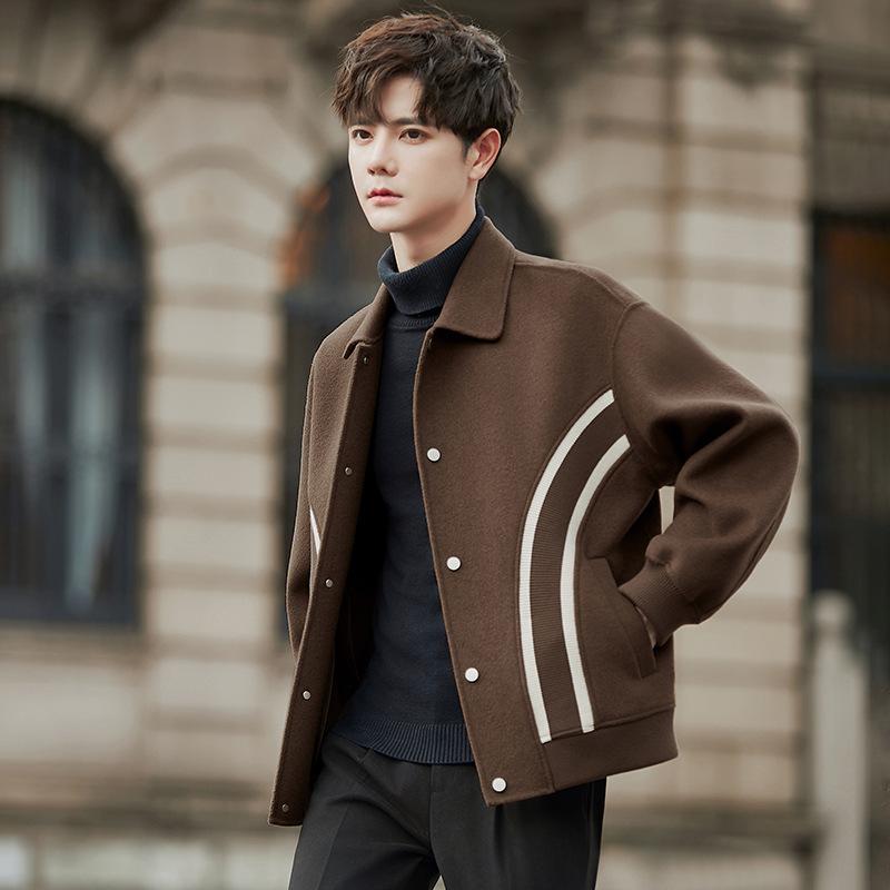 ジャケット メンズ 男性用 カジュアル テーラードカラー ショート丈 ウール メルトン ダブルフェイス 配色 切り替え バイカラー アウター 韓国風 トレンド 秋冬