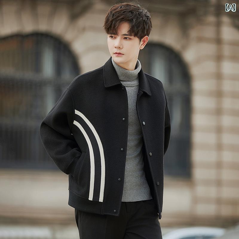 ジャケット メンズ 男性用 カジュアル テーラードカラー ショート丈 ウール メルトン ダブルフェイス 配色 切り替え バイカラー アウター 韓国風 トレンド 秋冬