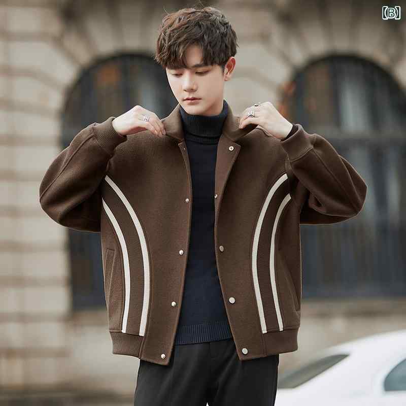 ジャケット メンズ 男性用 カジュアル テーラードカラー ショート丈 ウール メルトン ダブルフェイス 配色 切り替え バイカラー アウター 韓国風 トレンド 秋冬