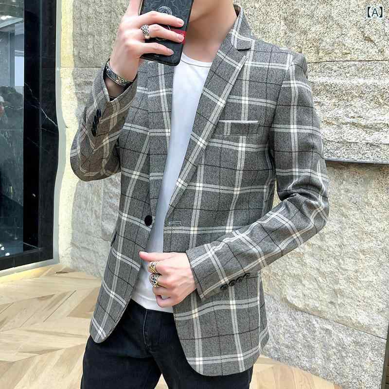 ジャケット メンズ ビジネス カジュアル 通勤 オフィス チェック柄 スリムフィット テーラードジャケット アウター シングルブレスト 1つボタン 形態安定 ポリエステル