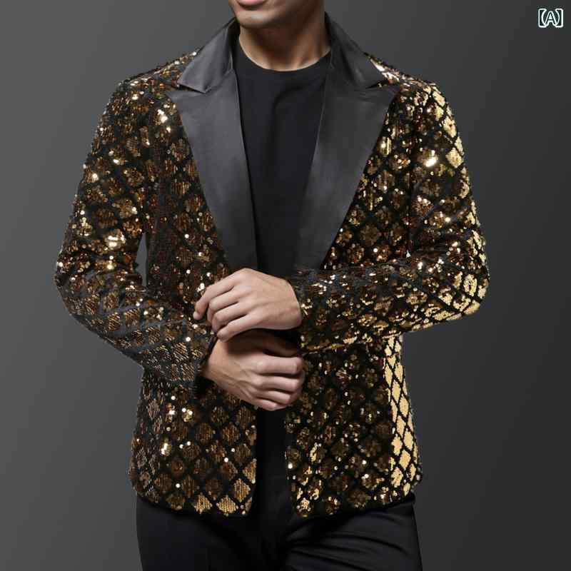 ステージ衣装 メンズ 男性用 ひし形 スパンコール 切り替え フォーマルスーツ 舞台 宴会 パーティー 司会 発表会 演奏会 イベント 結婚式 二次会 スリムフィット 細身 シングルブレスト 一つボタン 長袖 光沢 華やか 高級感 ポリエステル