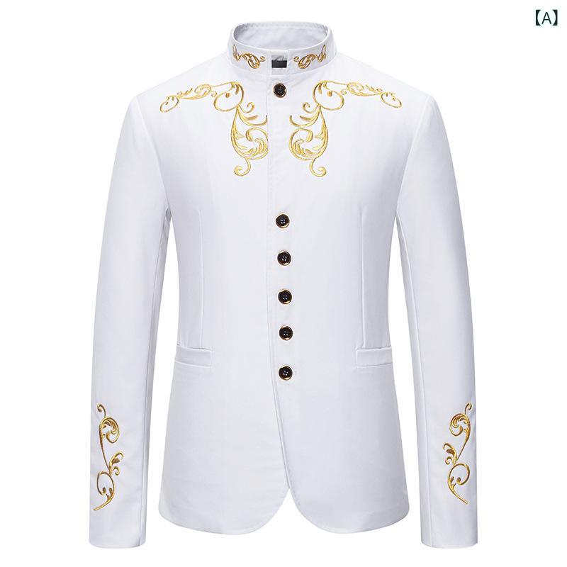 ジャケット メンズ 男性用 スタンドカラー 立ち襟 刺繍 シングルブレスト スリム 細身 ウォッシャブル カジュアル ビジネス 結婚式 ウェディング 綿混 リネン 麻 無地 ホワイト ブラック 秋冬