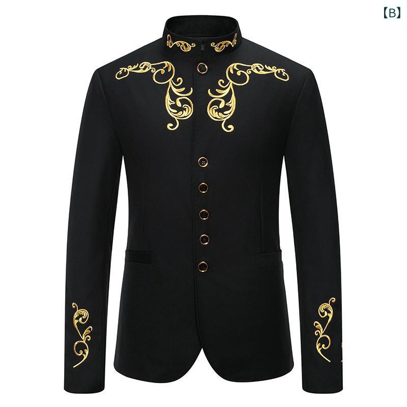 ジャケット メンズ 男性用 スタンドカラー 立ち襟 刺繍 シングルブレスト スリム 細身 ウォッシャブル カジュアル ビジネス 結婚式 ウェディング 綿混 リネン 麻 無地 ホワイト ブラック 秋冬