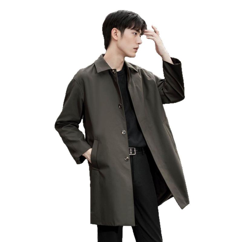 コート メンズ 男性用 春 スプリングコート トレンチコート ミドル丈 無地 薄手 シンプル 高品質 カジュアル ゆったり ルーズフィット 襟付き タウンユース アウター