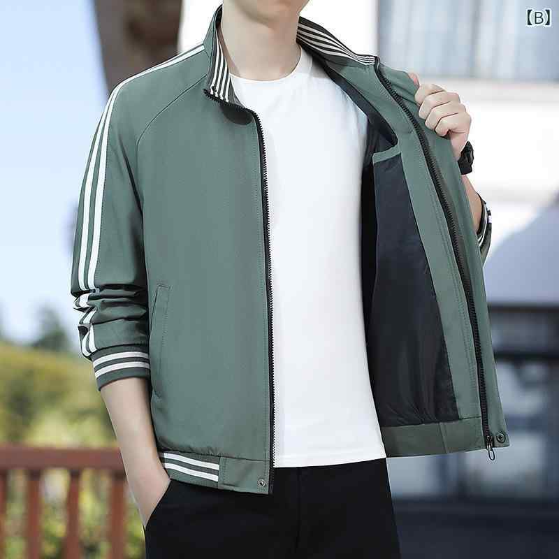 ジャケット メンズ 男性用 アウター 春夏 カジュアル ファッション スリム スタンドカラー ジップアップ 防水 防寒 厚手 シワになりにくい リブ袖 リブ裾 サイドポケット付き 黒 濃緑 青 ブルゾン