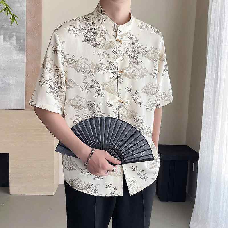 シャツ メンズ 五分袖 スタンドカラー チャイナ風 カジュアル おしゃれ 大人カジュアル 綿混 ポリエス..