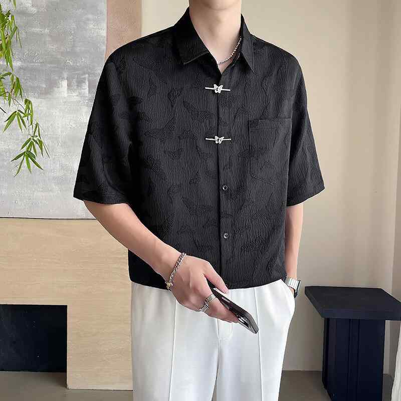 シャツ メンズ 男性用 大人カジュアル ニューチャイナスタイル 薄手 軽量 ジャガード織 五分袖 中袖 普段使い 快適 綿混 ポリエステル 襟付き 前開き 無地 レギュラーフィット スリムフィット ホワイト ブラック 夏