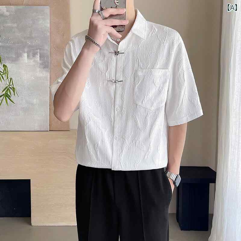 シャツ メンズ 男性用 大人カジュアル ニューチャイナスタイル 薄手 軽量 ジャガード織 五分袖 中袖 普段使い 快適 綿混 ポリエステル 襟付き 前開き 無地 レギュラーフィット スリムフィット ホワイト ブラック 夏