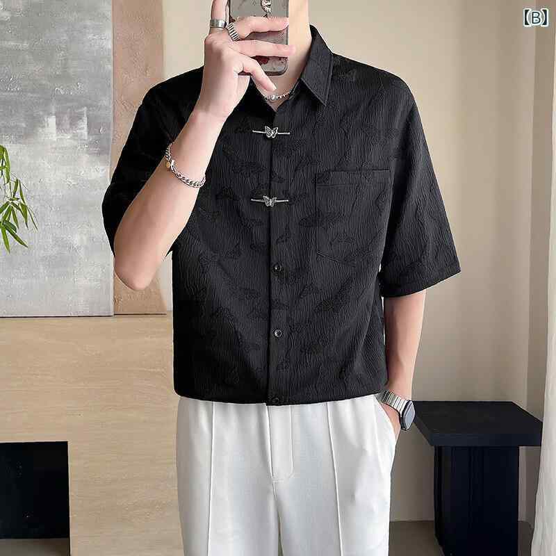 シャツ メンズ 男性用 大人カジュアル ニューチャイナスタイル 薄手 軽量 ジャガード織 五分袖 中袖 普段使い 快適 綿混 ポリエステル 襟付き 前開き 無地 レギュラーフィット スリムフィット ホワイト ブラック 夏