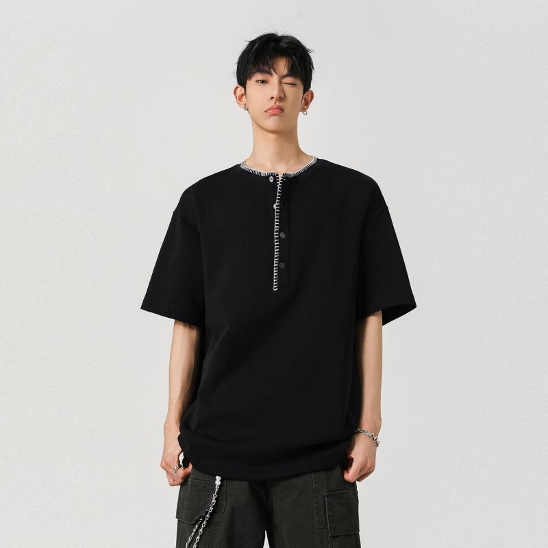 Tシャツ メンズ 男性用 ヘンリーネック 刺繍 半袖 夏 接触冷感 綿混 薄手 快適 ゆったり ルーズフィット レトロ カジュアル 学生 普段使い デイリーユース