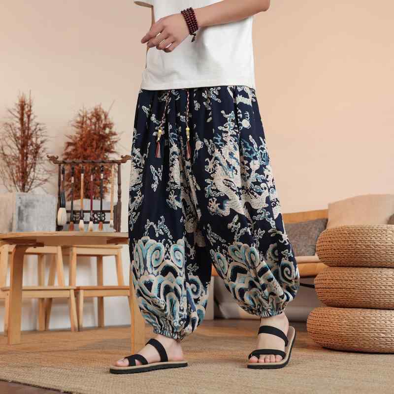 パンツ メンズ 男性用 中国風 ドラゴン柄 龍柄 サルエル バルーン ワイド 9分丈 綿混 ポリエステル 薄手 リゾート ビーチ カジュアル 春夏 ゆったり ボトムス