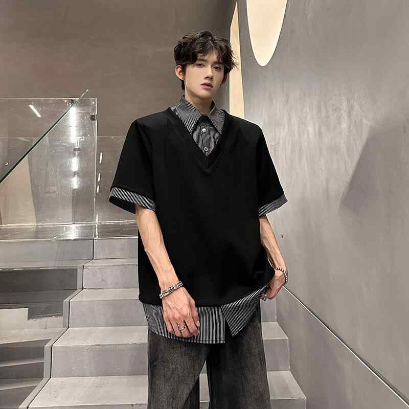 Tシャツ メンズ 肩パッドデザイン 重ね着風 ポロ襟 半袖 カジュアル ゆったり ビッグシルエット ストラ..