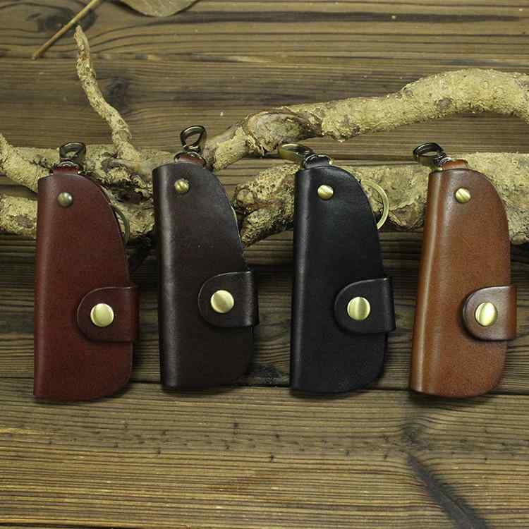 キーケース ユニセックス 本革 牛革 レザー レトロ ヴィンテージ 個性的 おしゃれ ファッション シンプル カジュアル 車用キーホルダー キーフック付き ショート コンパクト ピロー型 スタッズ ブラック ダークブラウン ワインレッド ブラウン