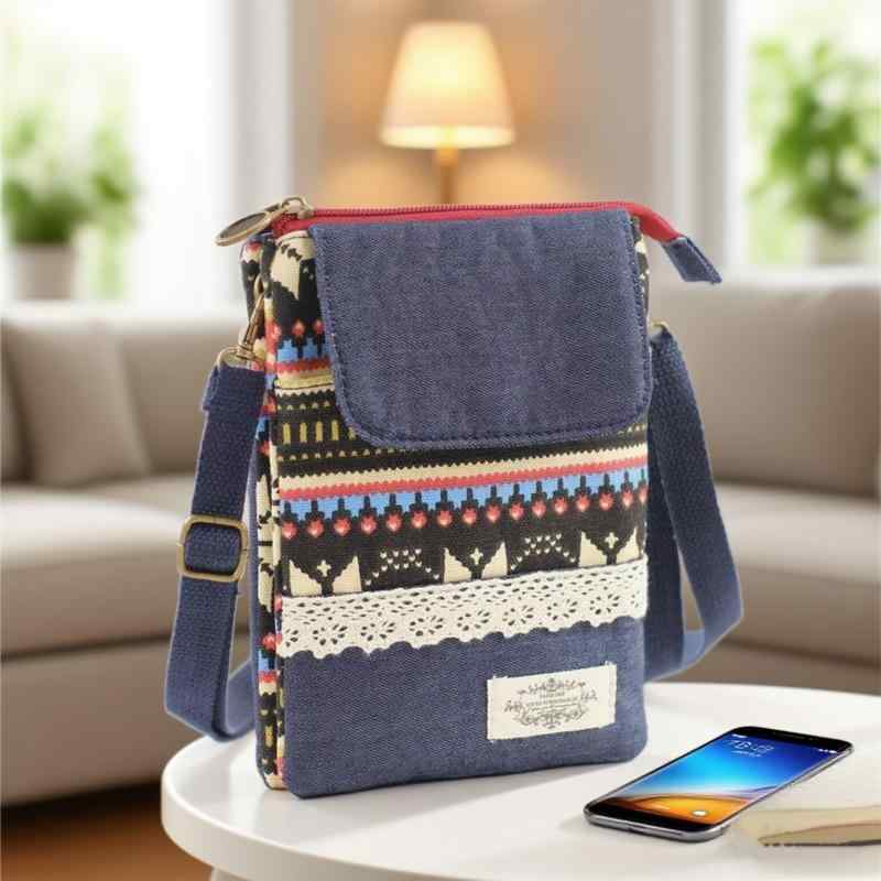 スマホポーチ レディース 女性用 エスニック柄 コットン生地 大画面対応 5層ポケット 多機能 縦型 斜め..