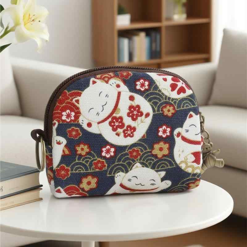 小銭入れ 男女兼用 和柄 キャラクタープリント キーホルダー付き コインケース ミニポーチ 帆布 キャン..