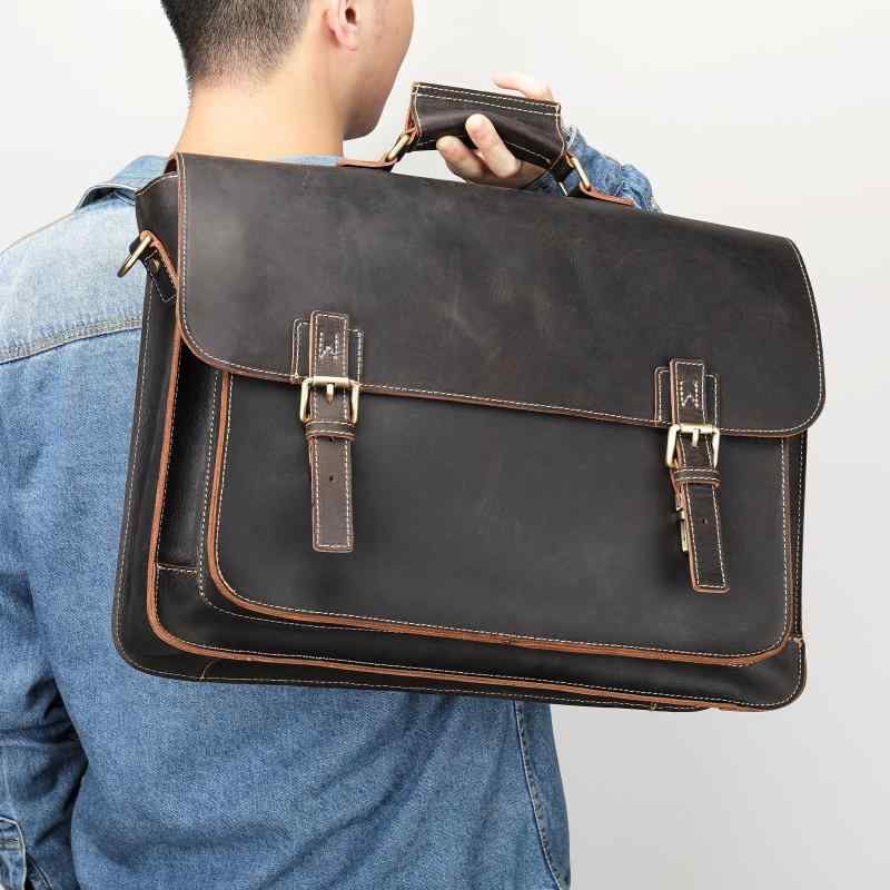 ビジネスバッグ メンズ 男性用 本革 牛革 クレイジーホースレザー レトロ 復古 メッセンジャーバッグ ブリーフケース トート PC収納 15インチ対応 通勤 出張 仕事用 耐摩耗性 ブラウン 茶色