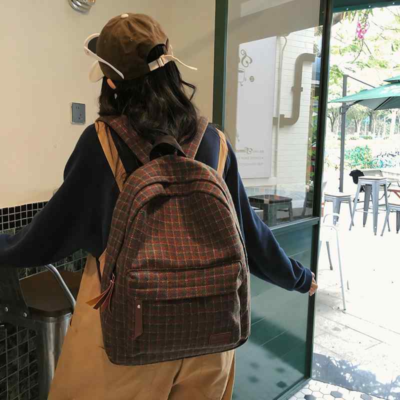 リュックサック レディース レトロ チェック柄 ウール調素材 大容量 通勤 通学 中学生 大学生 スクールバッグ 韓国風 ナチュラル 秋冬 PC収納 赤色 黄色(4)